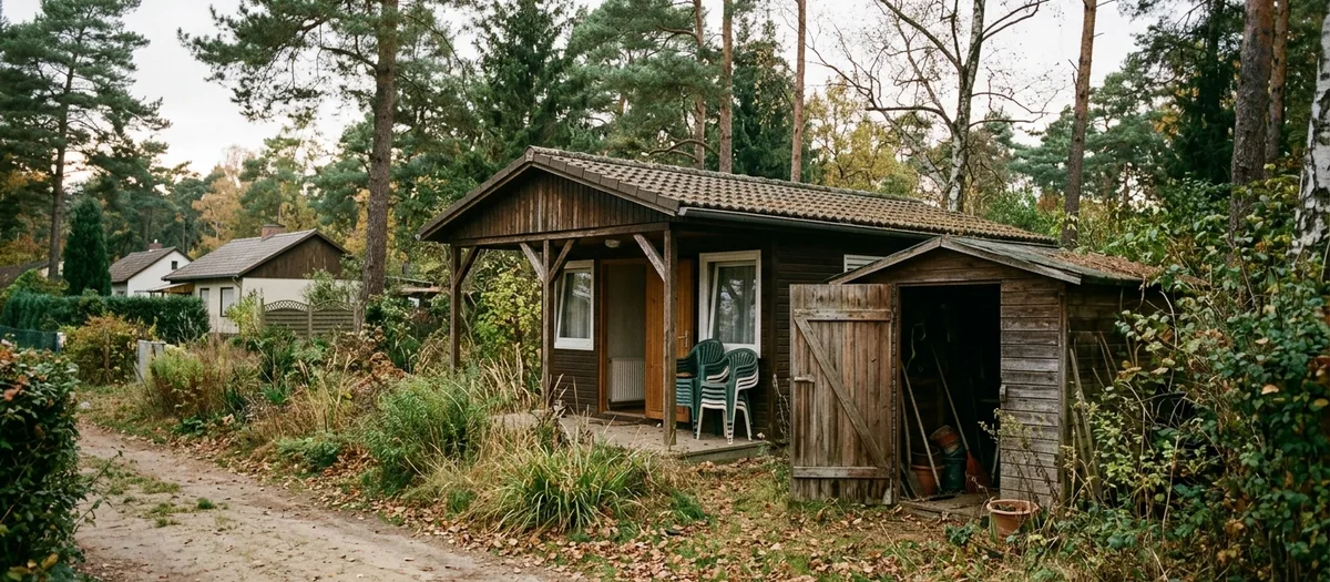 Holzbungalow mit Vordach und alter Geräteschuppen am Waldrand, davor führt ein Sandweg zum Grundstück
