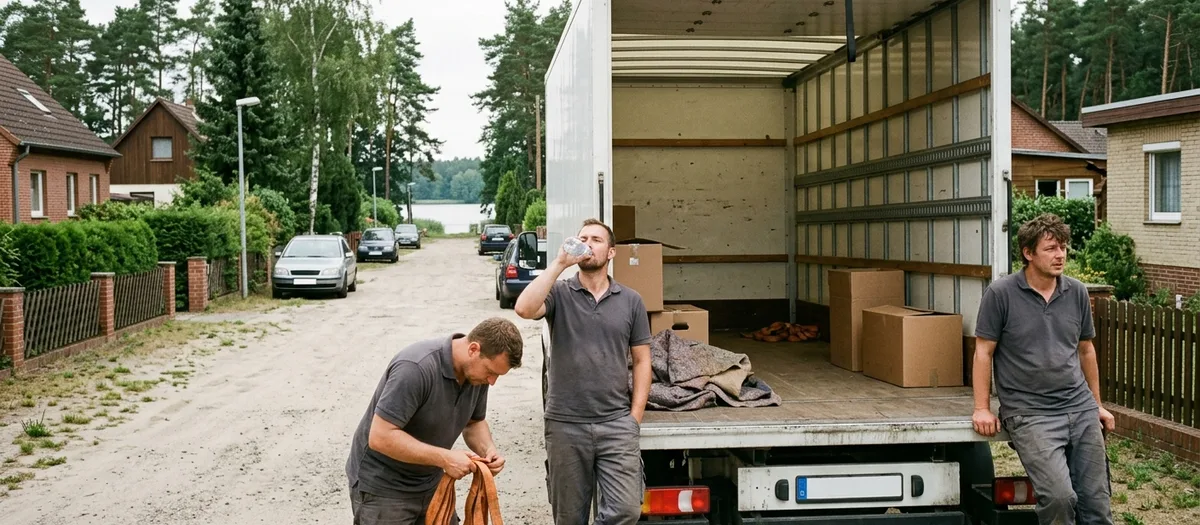 Drei Kollegen machen an der offenen Ladeklappe des Möbelkoffers eine kurze Pause an der Dorfstraße