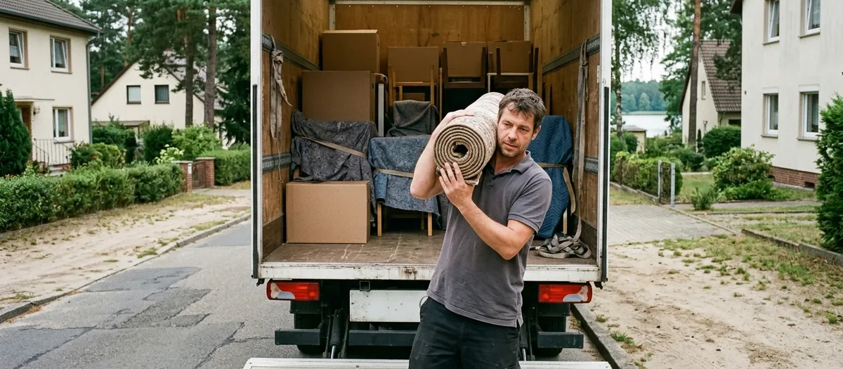 Am offenen Lkw an der Prenzlauer Chaussee schultert ein Packer eine schwere Teppichrolle