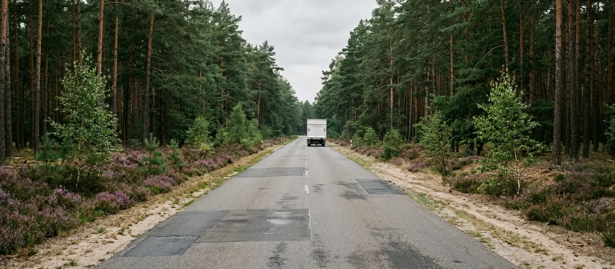 Der Möbelkoffer fährt über eine leere Waldstraße zwischen Kiefern und blühender Heide davon