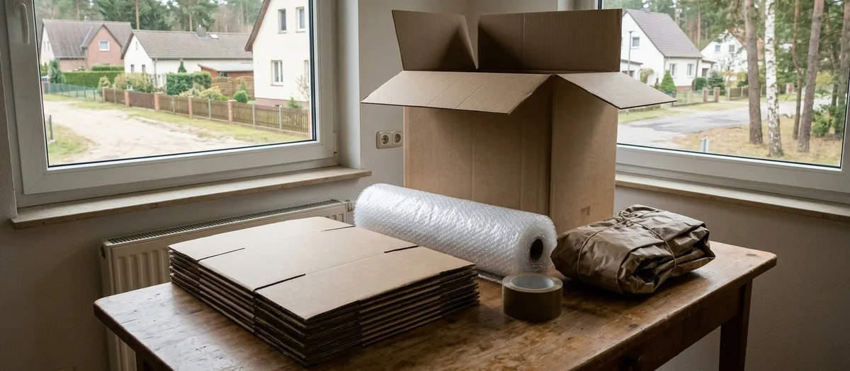 Umzugskartons, Luftpolsterfolie und Klebeband liegen auf dem Holztisch eines leeren Zimmers
