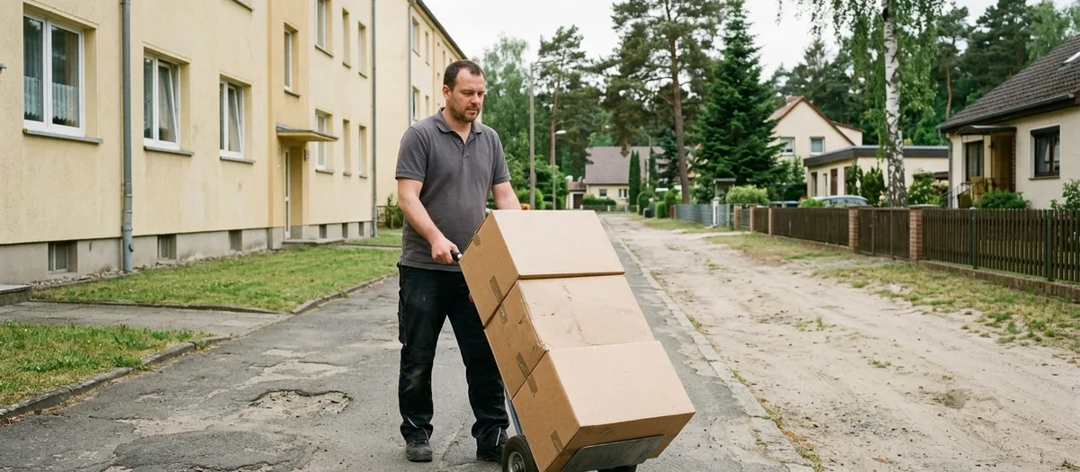 Auf der Sackkarre rollen drei gestapelte Kartons über den Hof zum Fahrzeug