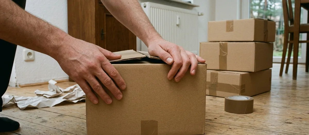 Hände verschließen einen gefüllten Umzugskarton auf dem Dielenboden der leeren Wohnung