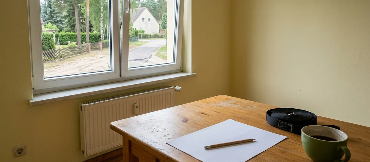 Auf dem Küchentisch am Fenster liegen ein leeres Blatt, ein Bleistift und ein gerollter Spanngurt
